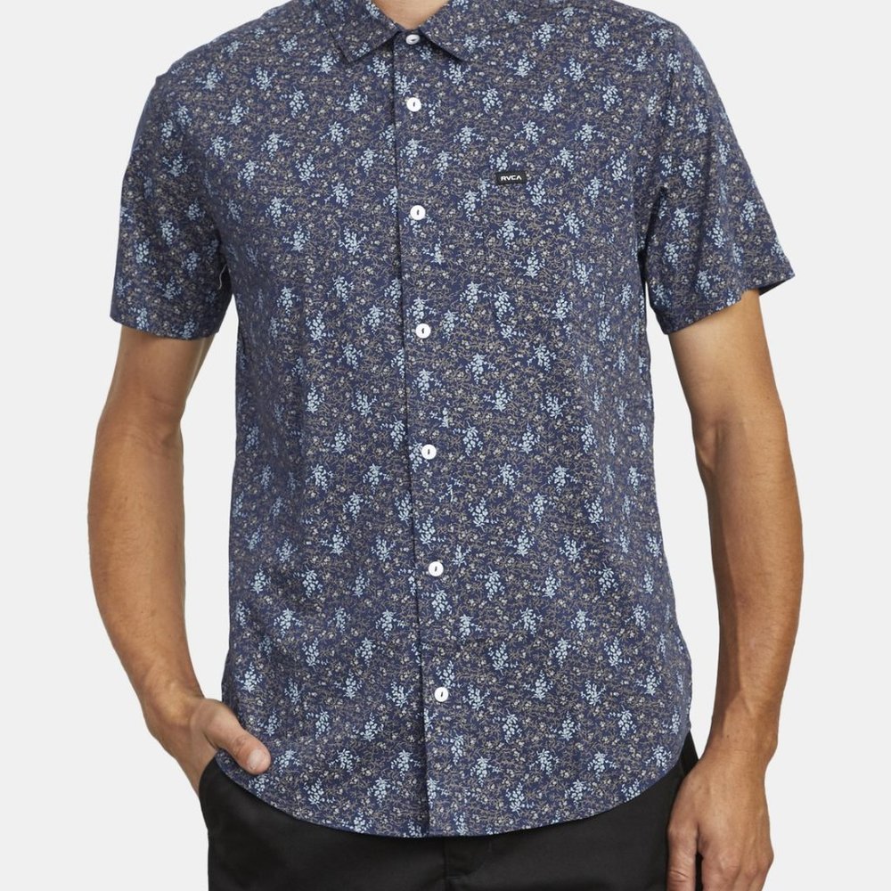 RVCA Men's Collared Short Sleeve Button Down Shirt Blue Floral 2XL XXL Slim Fit